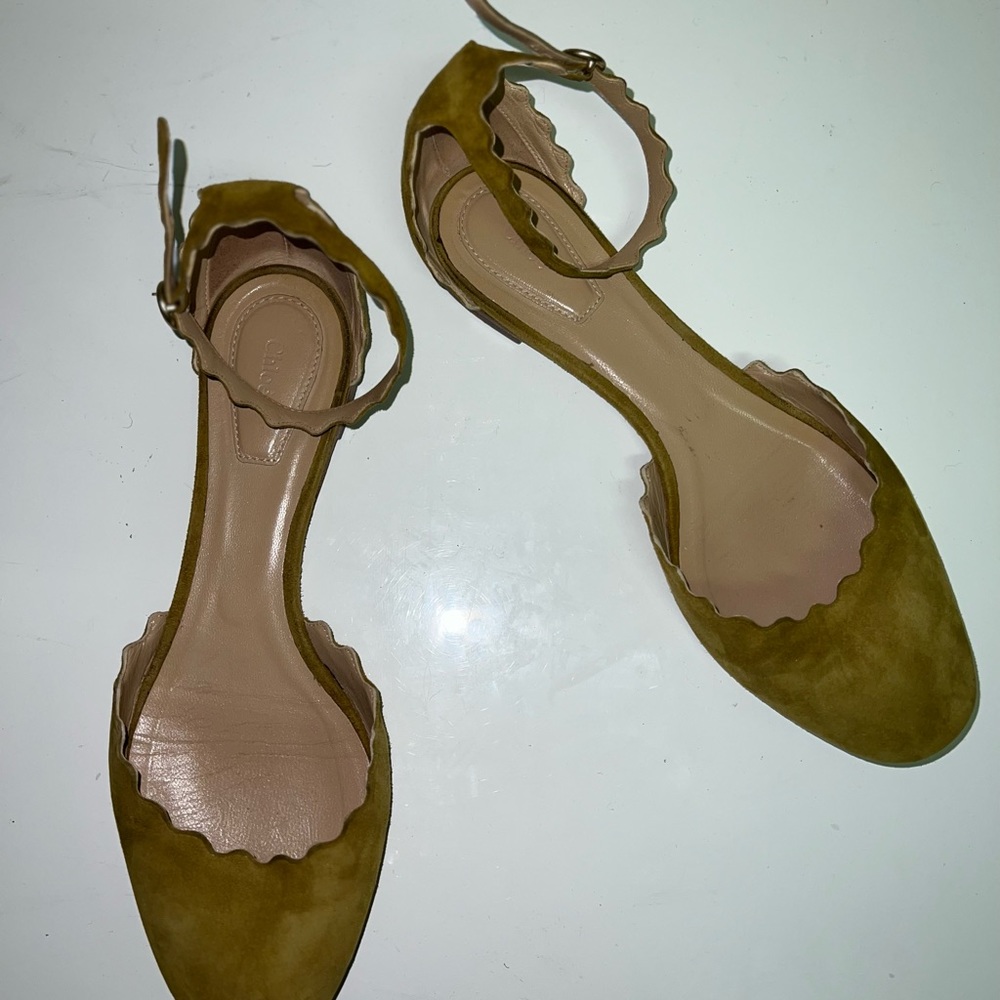 Lauren Scalloped Suede ankle strap flat by Chloé